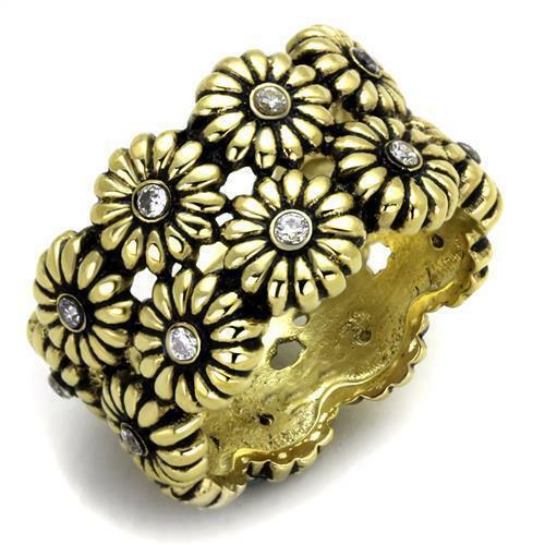 Jewellery Kingdom 13mm Flower Steel Cubic Zirconia Flower Chunky Ladies Gold Band Ring - Jewelry Rings - British D'sire