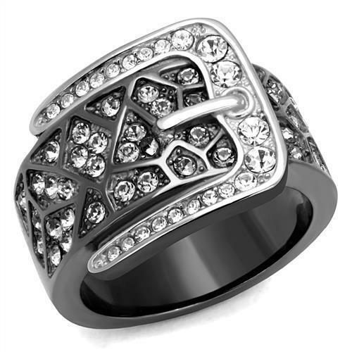 Jewellery Kingdom 15mm Stainless Steel Sparkling Ladies Buckle Black Band Ring - Jewelry Rings - British D'sire