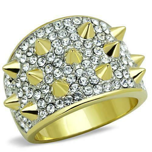 Jewellery Kingdom 18Kt Spike Clear Cubic Zirconia Steel Statement Ladies Gold Ring Band - Jewelry Rings - British D'sire