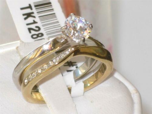 Jewellery Kingdom 1CT Cubic Zirconia Two Tone Solitaire Accents Gold Ladies Engagement Ring Set Band - Jewelry Rings - British D'sire