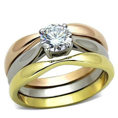 Jewellery Kingdom 1CT CZ Stainless Steel Yellow Gold Ladies Rose Engagement Ring Set Gold - Jewelry Rings - British D'sire