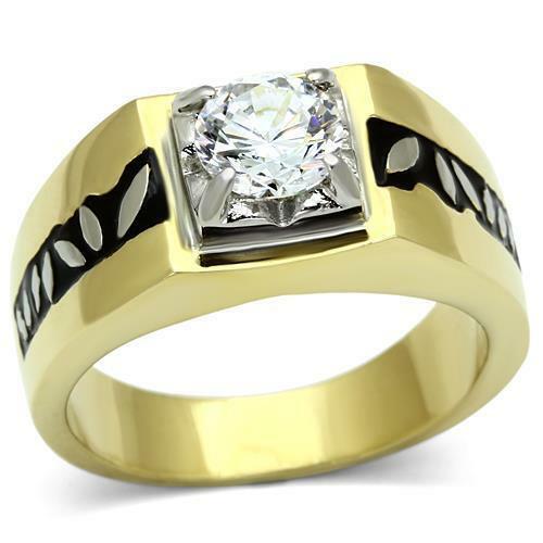 Jewellery Kingdom 2CT Pinky Signet Steel Blackened Mens Solitaire Ring (Gold) - Jewelry Rings - British D'sire