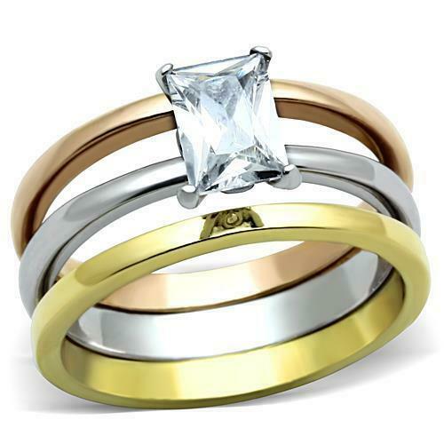 Jewellery Kingdom 2ct Solitaire Cubic Zirconia Stainless Steel Emerald Ring Set (Rose Gold & Yellow Gold) - Jewelry Rings - British D'sire