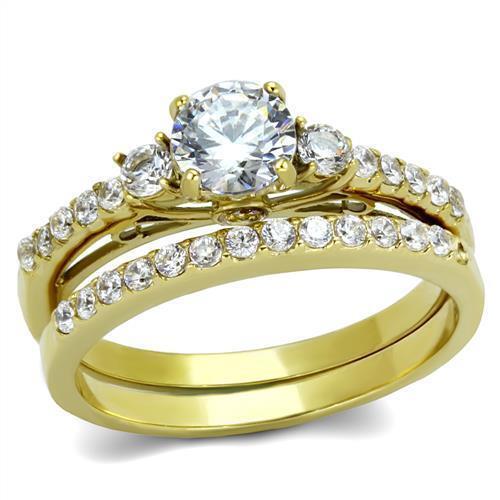 Jewellery Kingdom 2pcs Cubic Zirconia 18kt Steel Pretty Ladies Engagement Wedding Band Gold Ring Set - Jewelry Rings - British D'sire