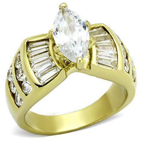 Jewellery Kingdom 3Carat Cz Baguettes Ladies 18kt Steel Sparkling Gold Marquise Ring - Jewelry Rings - British D'sire