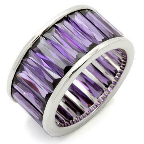 Jewellery Kingdom Amethyst Band Cubic Zirconia Full Eternity Emerald Cut Rhodium Ring (Purple & Silver) - Jewelry Rings - British D'sire