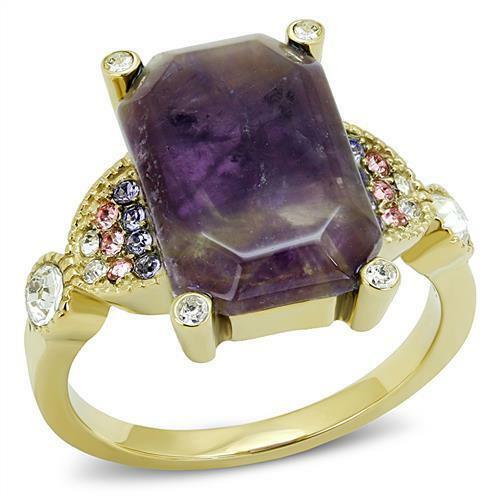 Jewellery Kingdom Amethyst Gold Emerald Cut Semi Precious Ladies Cubic Zirconia Steel Ring (Clear & Purple) - Jewelry Rings - British D'sire