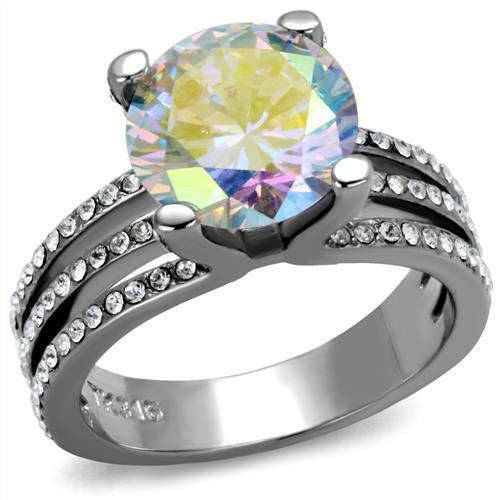 Jewellery Kingdom Aurora Borealis Solitaire Cubic Zirconia Stainless Steel Solitaire Ring (Silver) - Jewelry Rings - British D'sire