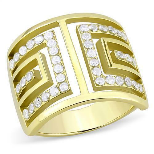 Jewellery Kingdom Band Greek Key Ladies Cubic Zirconia 18kt Steel Ring (Gold) - Jewelry Rings - British D'sire