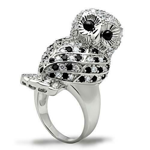 Jewellery Kingdom Bird Animal Black Cubic Zirconia Sparkling Ladies Owl Ring (Silver) - Jewelry Rings - British D'sire