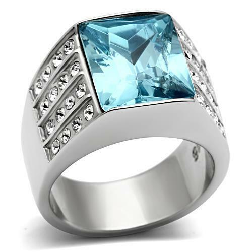 Jewellery Kingdom Blue Cubic Zirconia Emerald Cut Stainless Steel Silver Cocktail Ladies Aquamarine Ring - Jewelry Rings - British D'sire