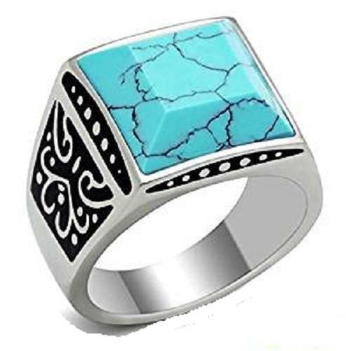 Jewellery Kingdom Blue Signet Square Stainless Steel Silver Pinky Mens Turquoise Ring - Jewelry Rings - British D'sire