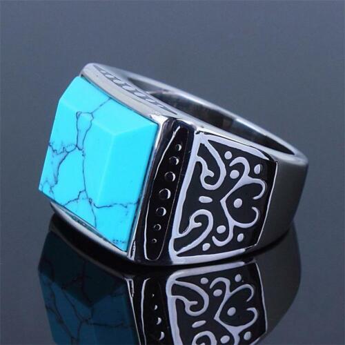 Jewellery Kingdom Blue Signet Square Stainless Steel Silver Pinky Mens Turquoise Ring - Jewelry Rings - British D'sire