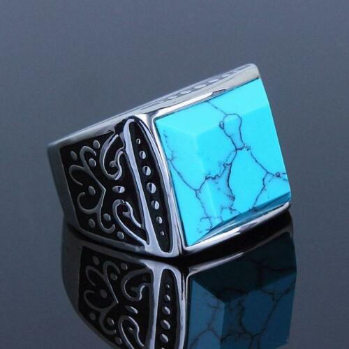 Jewellery Kingdom Blue Signet Square Stainless Steel Silver Pinky Mens Turquoise Ring - Jewelry Rings - British D'sire