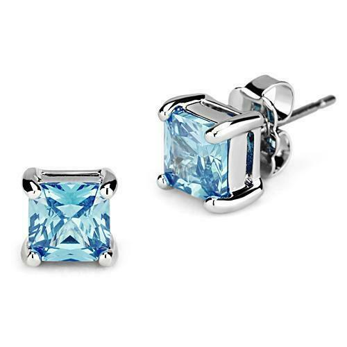 Jewellery Kingdom Blue Topaz Stud Princess Cut Stainless Steel Earrings (Silver) - Earrings - British D'sire