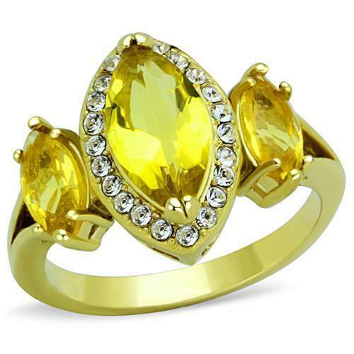 Jewellery Kingdom Canary Yellow CZ Steel 4 CT Three Stone Ladies Marquise Gold ring - Jewelry Rings - British D'sire