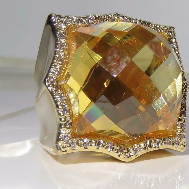 Jewellery Kingdom Citrine Cocktail Citrine Cubic Zirconia Cushion Cut Statement Sparkling Ring (Yellow) - Jewelry Rings - British D'sire