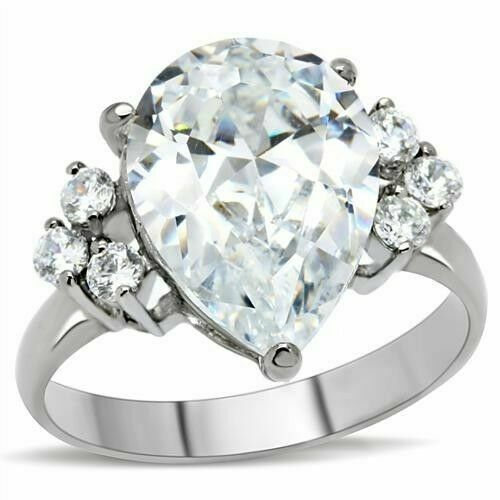 Jewellery Kingdom Cocktail 6 CT Cubic Zirconia Clear Stainless Steel Silver Sparkling Ladies Pear Ring - Jewelry Rings - British D'sire