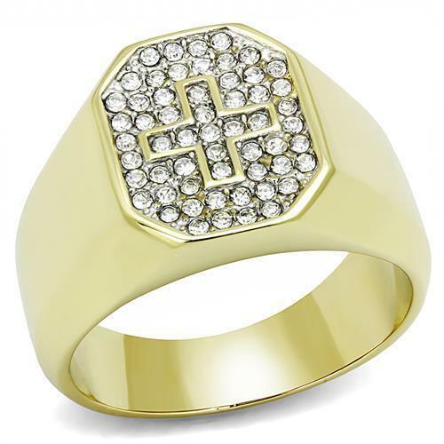 Jewellery Kingdom Cross Mens Signet Pinky Simulated Diamonds Steel Religious Ring (Gold) - Jewelry Rings - British D'sire