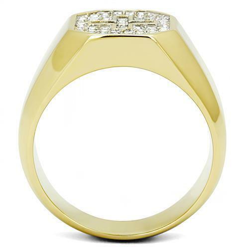 Jewellery Kingdom Cross Mens Signet Pinky Simulated Diamonds Steel Religious Ring (Gold) - Jewelry Rings - British D'sire