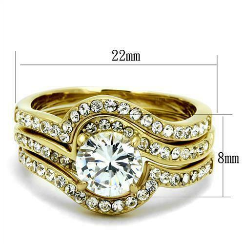 Jewellery Kingdom Cubic Zirconia 18KT Steel 3 CT Ladies Engagement Wedding Band Ring Set (Gold) - Engagement Rings - British D'sire