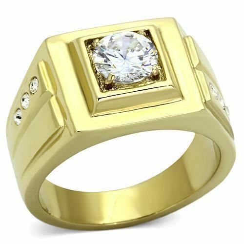 Jewellery Kingdom Cubic Zirconia 2CT Solitaire Signet Pinky Steel Mens Gold Ring - Jewelry Rings - British D'sire