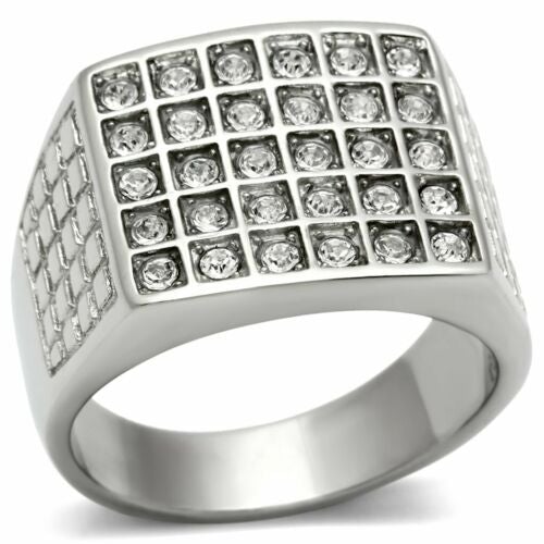 Jewellery Kingdom Cubic Zirconia 30 Stone Bling Stainless Steel Mens Signet Ring (Silver) - Jewelry Rings - British D'sire