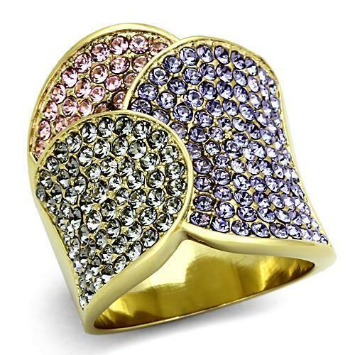 Jewellery Kingdom Cubic Zirconia Amethyst Peridot Pink Steel Sparkle Ladies Ring (Gold & Multi Colour) - Jewelry Rings - British D'sire