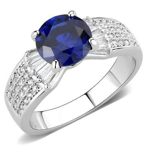 Jewellery Kingdom Cubic Zirconia Baguettes Pave Silver Dress Rhodium Sparkling Ladies Blue Sapphire Ring - Jewelry Rings - British D'sire