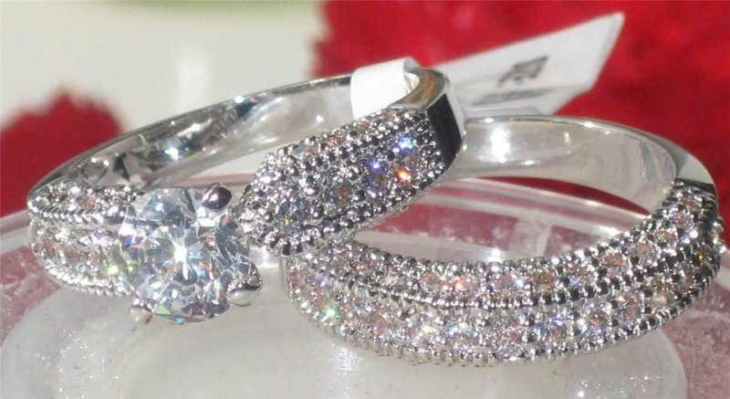 Jewellery Kingdom Cubic Zirconia Band 250 Rhodium Engagement Wedding Ladies Ring Set (Silver) - Jewelry Rings - British D'sire