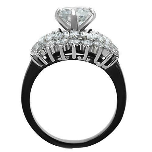 Jewellery Kingdom Cubic Zirconia Cocktail Baguettes Solitaire Stainless Steel Sparkling Ladies Black Ring - Jewelry Rings - British D'sire