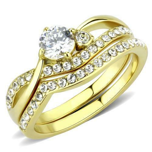 Jewellery Kingdom Cubic Zirconia Engagement Wedding Band Solitaire 18kt Steel Ladies Gold Ring Set - Jewelry Rings - British D'sire