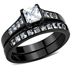 Jewellery Kingdom Cubic Zirconia Ladies Silver Princess Cut Engagement Wedding Black Ring Set Band - Jewelry Rings - British D'sire