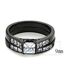 Jewellery Kingdom Cubic Zirconia Ladies Silver Princess Cut Engagement Wedding Black Ring Set Band - Jewelry Rings - British D'sire