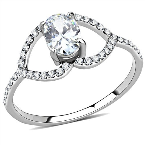 Jewellery Kingdom Cubic Zirconia Oval 2.2 CT Crossover Stainless Steel Silver Ladies Ring - Jewelry Rings - British D'sire