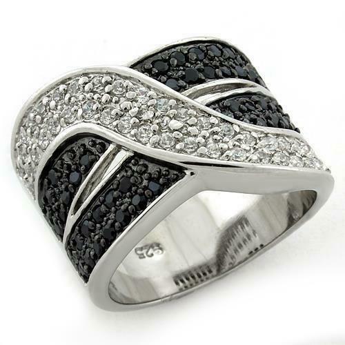 Jewellery Kingdom Cubic Zirconia Pave 925 Sterling Silver Ladies Black Ring Band - Jewelry Rings - British D'sire