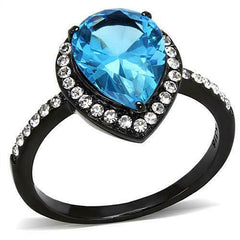 Jewellery Kingdom Cubic Zirconia Pear Blue Topaz Solitaire Accents Stainless Steel Ladies Black Ring - Jewelry Rings - British D'sire