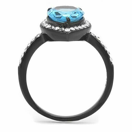 Jewellery Kingdom Cubic Zirconia Pear Blue Topaz Solitaire Accents Stainless Steel Ladies Black Ring - Jewelry Rings - British D'sire