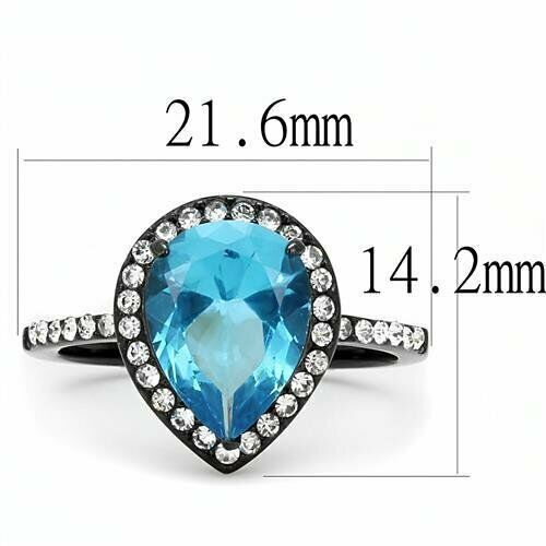 Jewellery Kingdom Cubic Zirconia Pear Blue Topaz Solitaire Accents Stainless Steel Ladies Black Ring - Jewelry Rings - British D'sire