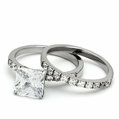 Jewellery Kingdom Cubic Zirconia Princess Cut Stainless Steel Engagement Wedding Ladies Band Ring Set - Jewelry Rings - British D'sire