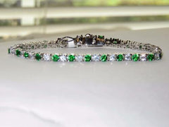 Jewellery Kingdom Cubic Zirconia Rhodium Ladies Emerald Tennis Bracelet (Silver & Green) - Bracelets & Bangles - British D'sire