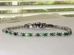 Jewellery Kingdom Cubic Zirconia Rhodium Ladies Emerald Tennis Bracelet (Silver & Green) - Bracelets & Bangles - British D'sire