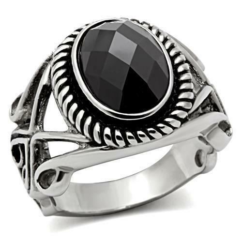 Jewellery Kingdom Cubic Zirconia Signet Jet Oval 16 CT Stainless Steel Silver Pinky Mens Black Ring - Jewelry Rings - British D'sire