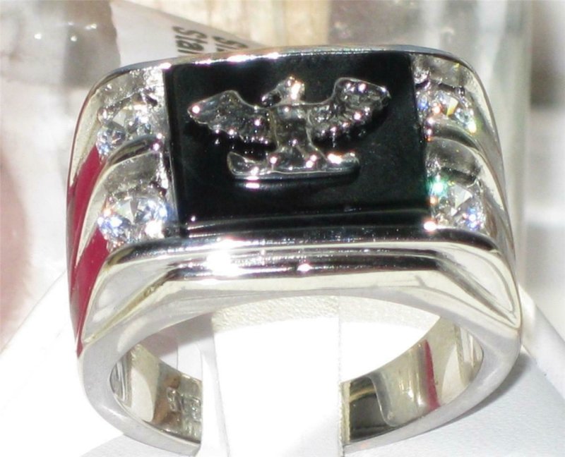 Jewellery Kingdom Cubic Zirconia Signet Pinky Onyx Silver Stainless Steel Mans Black Mens Eagle Ring - Jewelry Rings - British D'sire