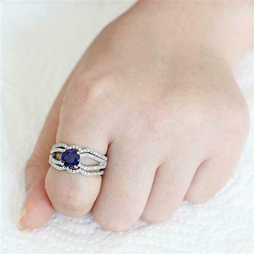 Jewellery Kingdom Cubic Zirconia Silver Rhodium Engagement Wedding Band Ladies Sapphire Ring Set - Jewelry Rings - British D'sire