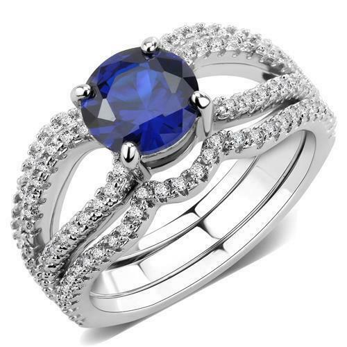 Jewellery Kingdom Cubic Zirconia Silver Rhodium Engagement Wedding Band Ladies Sapphire Ring Set - Jewelry Rings - British D'sire