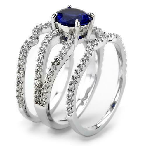 Jewellery Kingdom Cubic Zirconia Silver Rhodium Engagement Wedding Band Ladies Sapphire Ring Set - Jewelry Rings - British D'sire