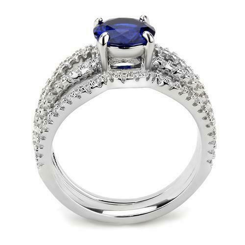 Jewellery Kingdom Cubic Zirconia Silver Rhodium Engagement Wedding Band Ladies Sapphire Ring Set - Jewelry Rings - British D'sire