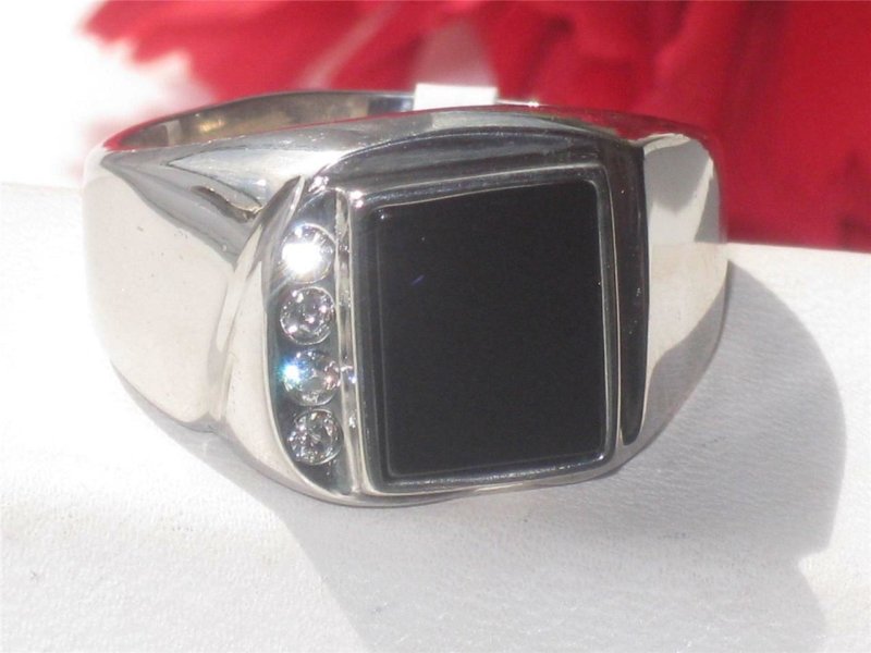 Jewellery Kingdom Cubic Zirconia Silver Signet Pinky Jet Black Semi Precious Gemstone Mens Onyx Ring - Jewelry Rings - British D'sire