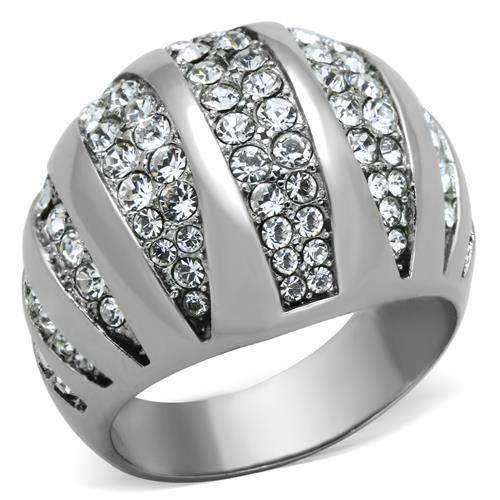 Jewellery Kingdom Cubic Zirconia Silver Stainless Steel Cocktail Sparkling Ladies Dome Ring - Jewelry Rings - British D'sire